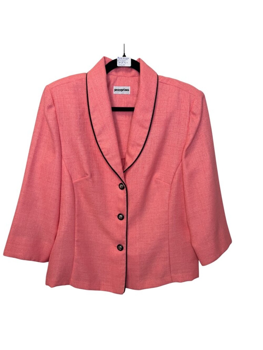 VTG Perceptions Coral Pink Blazer Black Trim Button Front Women’s Size L Barbie